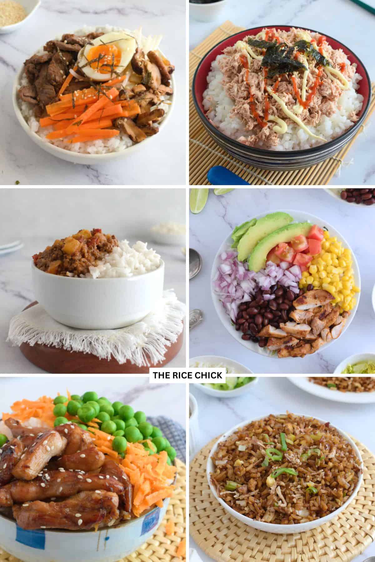 Collage of rice bowls.