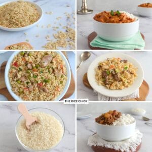 Collection of 6 rice dishes for meal prep.