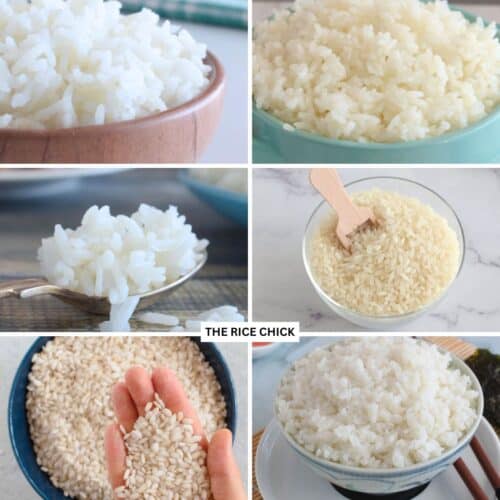 Collage of plain cooked and uncooked rice.